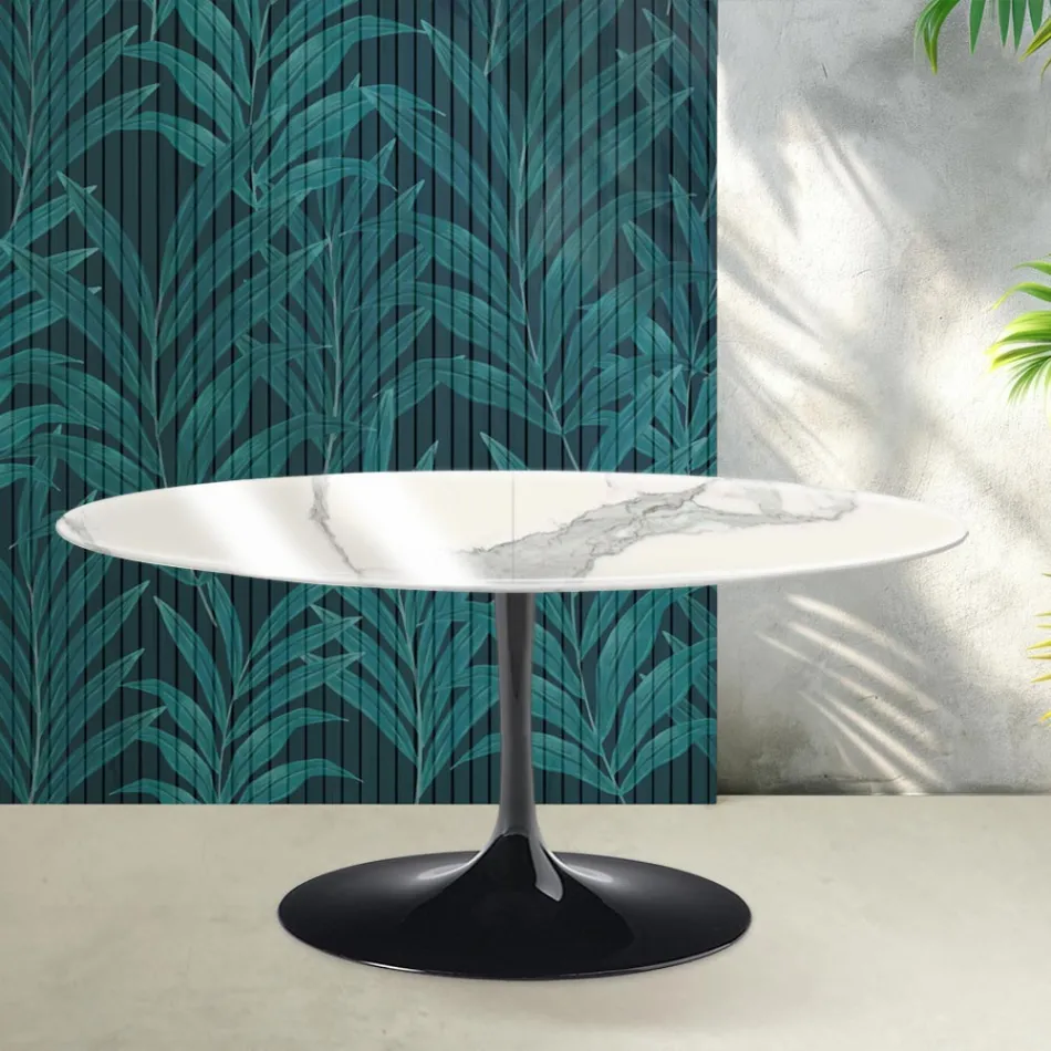 Table extensible Tulip de Saarinen, hauteur 74 cm, en céramique brillante Statuario Florim - Écarlate Viadurini