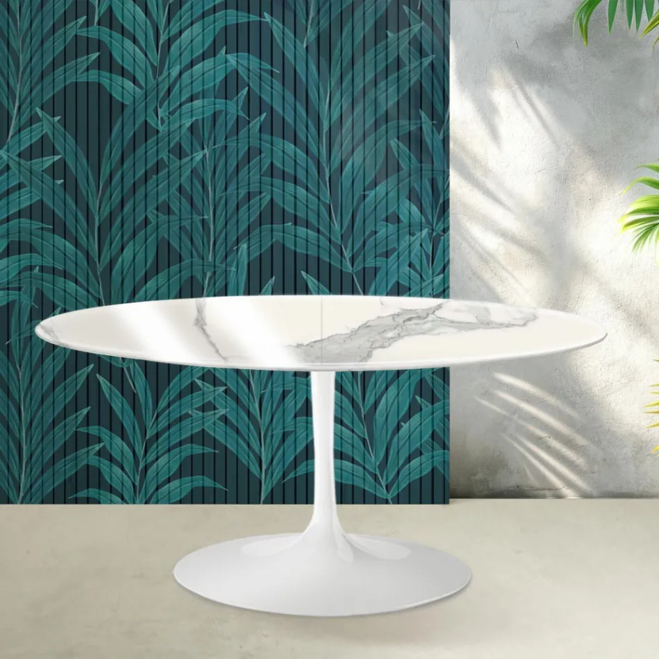 Table extensible Tulip de Saarinen, hauteur 74 cm, en céramique brillante Statuario Florim - Écarlate Viadurini