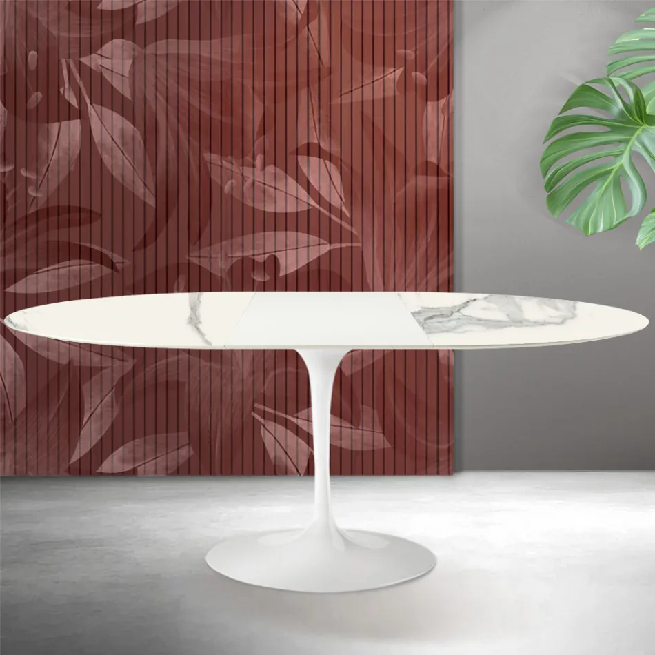 Table extensible Tulip de Saarinen, hauteur 74 cm, en céramique mate Florim Statuario - Écarlate Viadurini