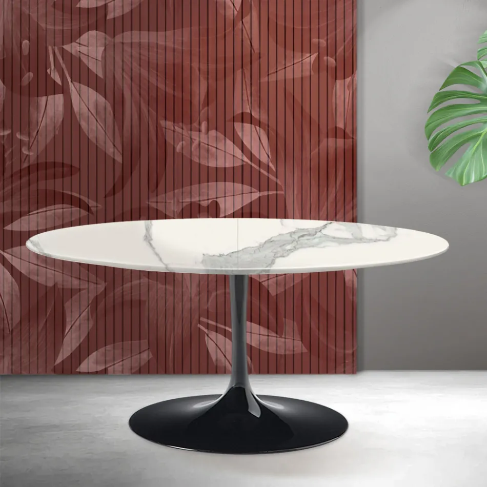 Table extensible Tulip de Saarinen, hauteur 74 cm, en céramique mate Florim Statuario - Écarlate Viadurini