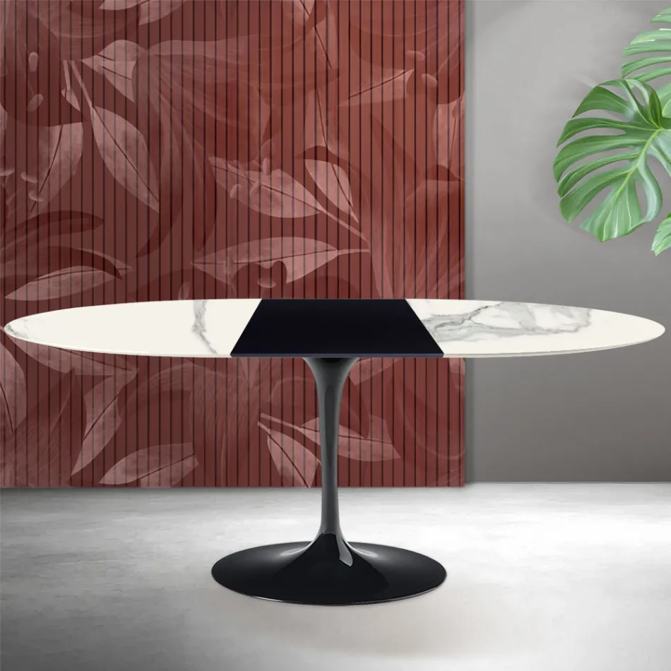 Table extensible Tulip de Saarinen, hauteur 74 cm, en céramique mate Florim Statuario - Écarlate Viadurini