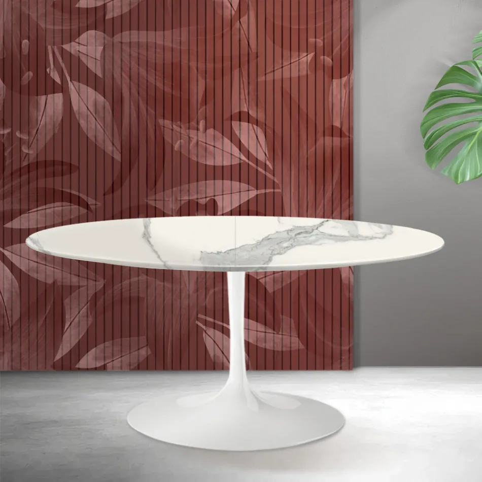 Table extensible Tulip de Saarinen, hauteur 74 cm, en céramique mate Florim Statuario - Écarlate Viadurini