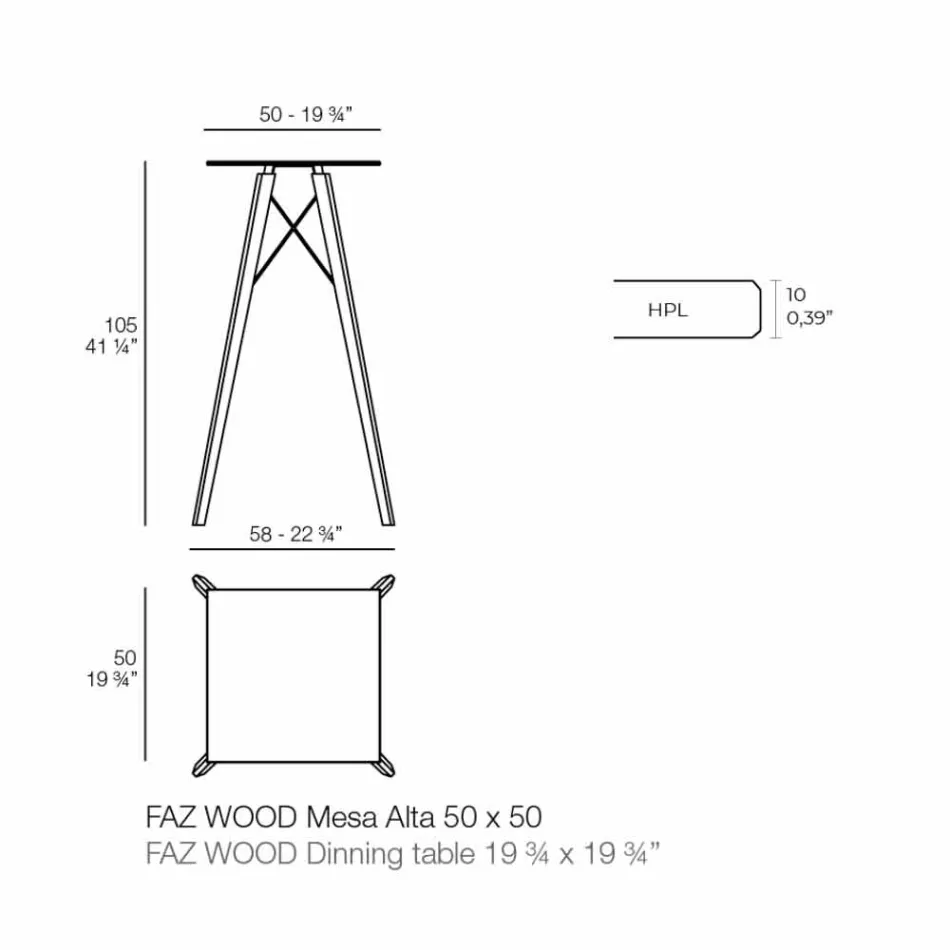 Table haute de bar design carrée en bois et Hpl, 4 pièces - Faz Wood - Vondom Viadurini