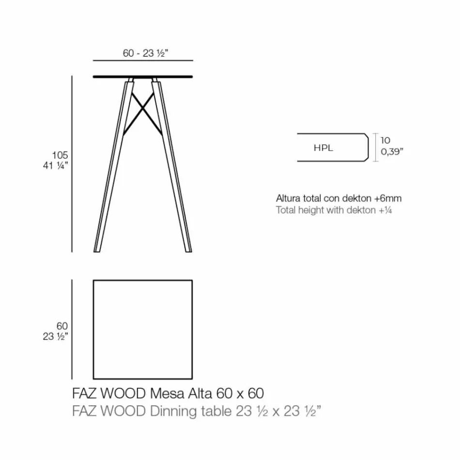 Table haute de bar design carrée en bois et Hpl, 4 pièces - Faz Wood - Vondom Viadurini