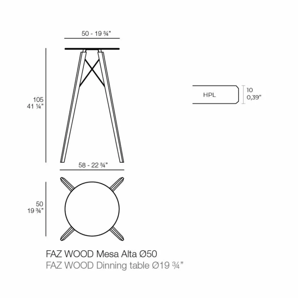 Table Haute Bar Design Ronde en Bois et Hpl, 4 Pièces - Faz Wood - Vondom Viadurini