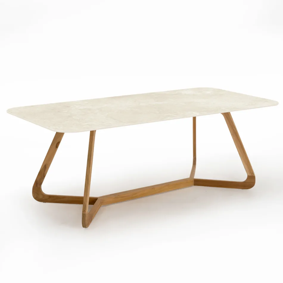 Table avec base en bois et plateau en céramique Chianca d'Ostuni - Infinity Viadurini