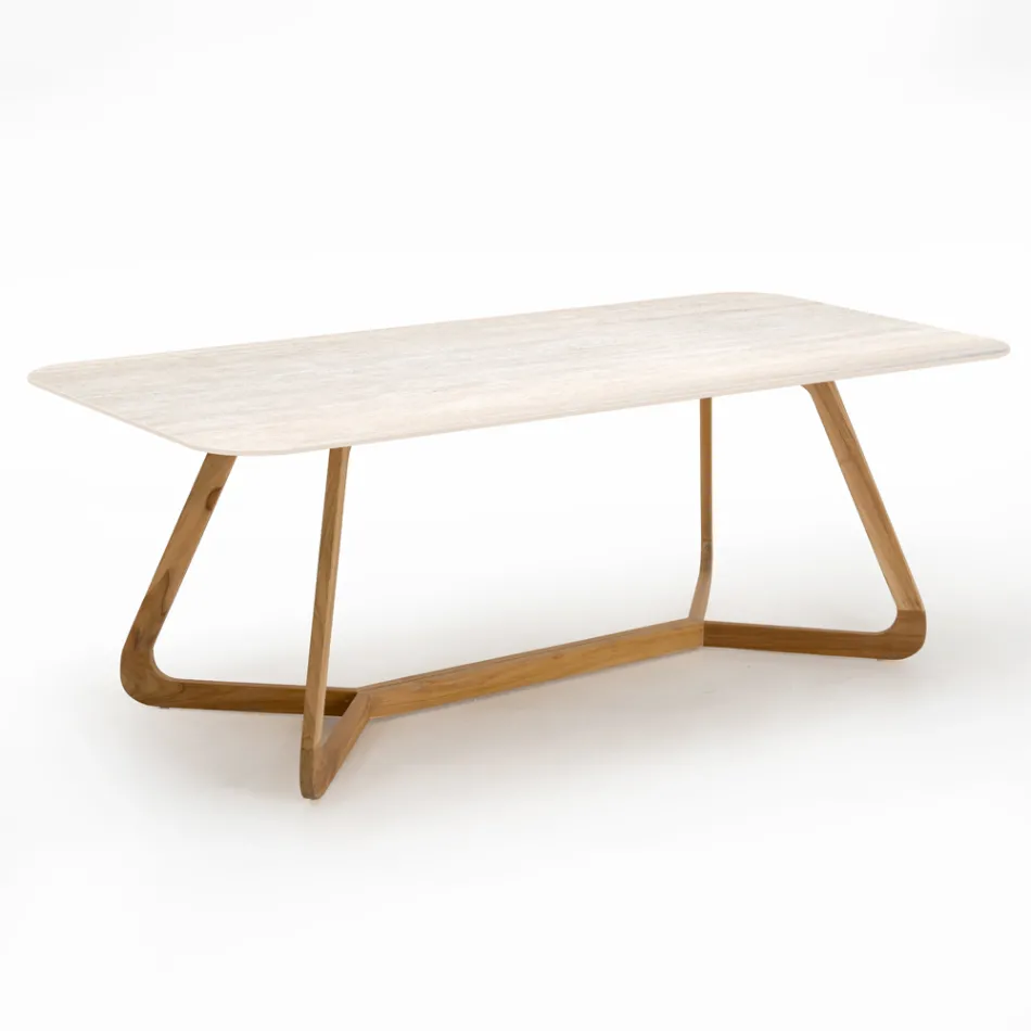 Table avec base en bois et plateau en céramique travertin clair - Infinity Viadurini