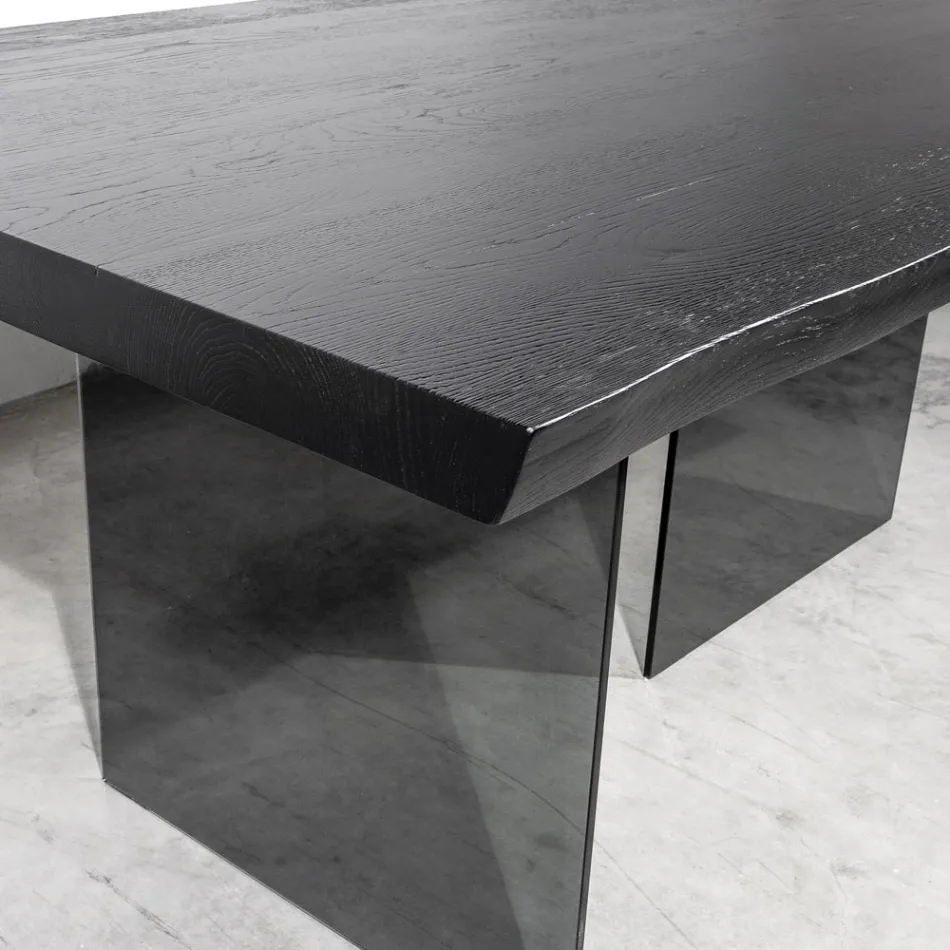 Table avec plateau plaqué en chêne massif et base en cristal Made in Italy - Noelia Viadurini