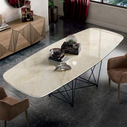 Table avec plateau en céramique en forme de tonneau et base en acier Made in Italy - Ezzellino Viadurini