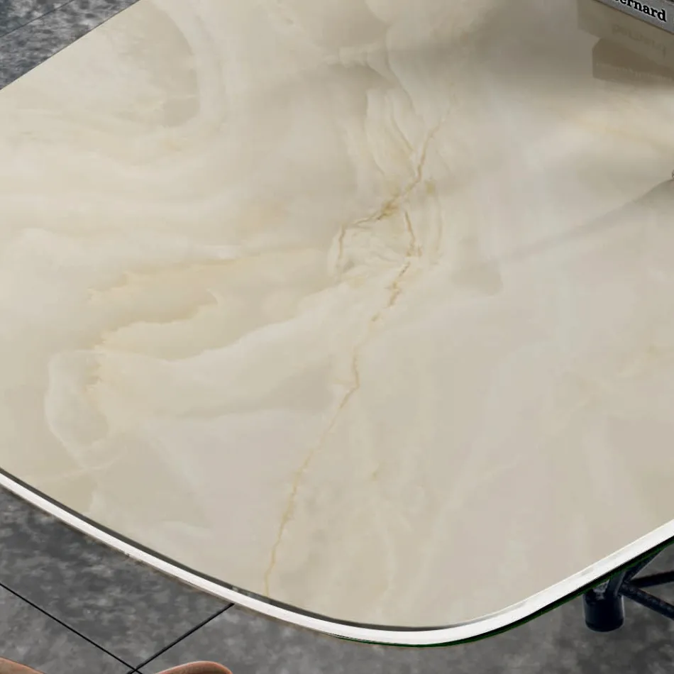 Table avec plateau en céramique en forme de tonneau et base en acier Made in Italy - Ezzellino Viadurini