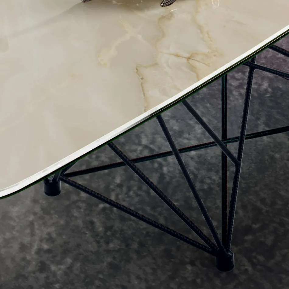 Table avec plateau en céramique en forme de tonneau et base en acier Made in Italy - Ezzellino Viadurini