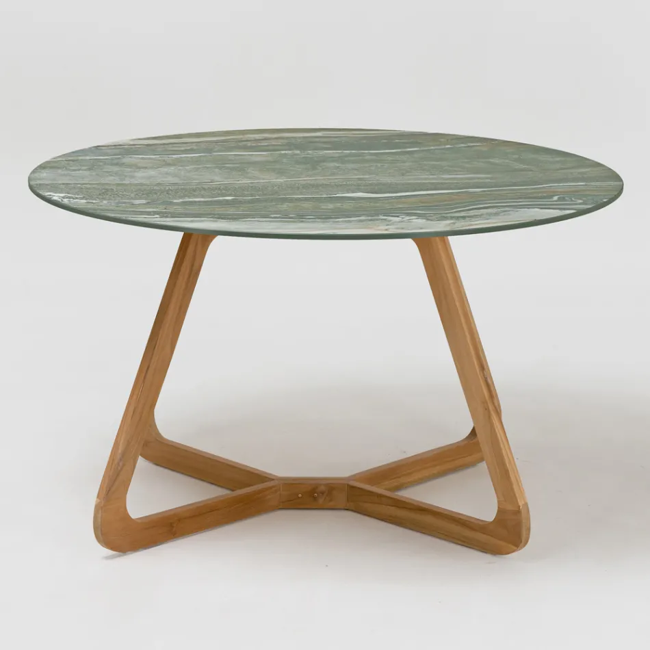 Table avec plateau en céramique et base en teck fabriquée en Italie - Casque Viadurini