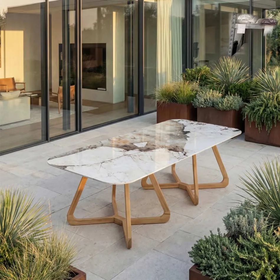 Table avec plateau en céramique et base en teck massif fabriquée en Italie - Blouse Viadurini