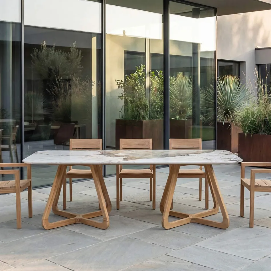 Table avec plateau en céramique et base en teck massif fabriquée en Italie - Blouse Viadurini