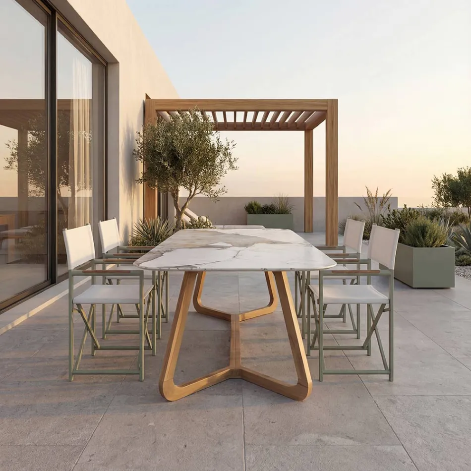 Table avec plateau en céramique et base en teck massif fabriquée en Italie - Blouse Viadurini