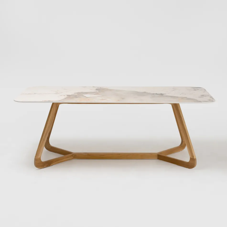 Table avec plateau en céramique et base en teck massif fabriquée en Italie - Blouse Viadurini