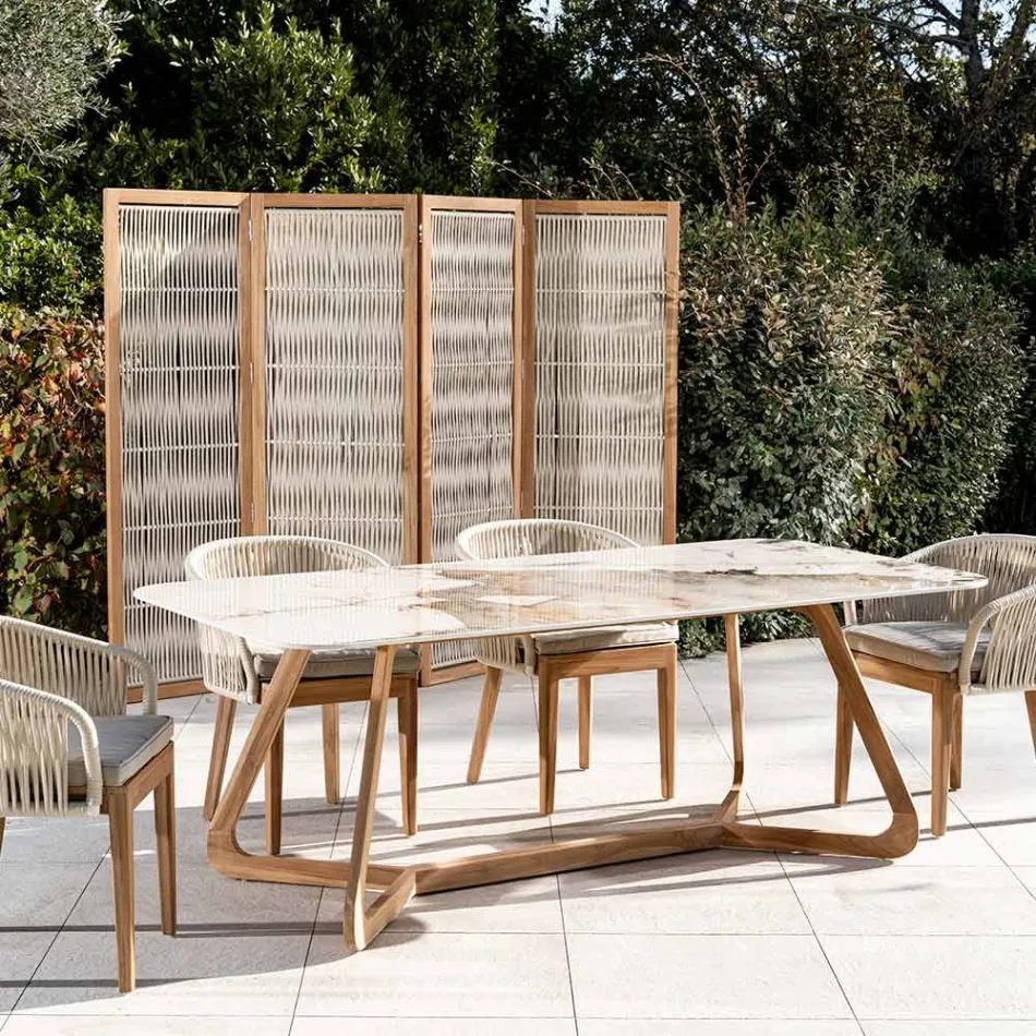 Table avec plateau en céramique et base en teck massif fabriquée en Italie - Blouse Viadurini
