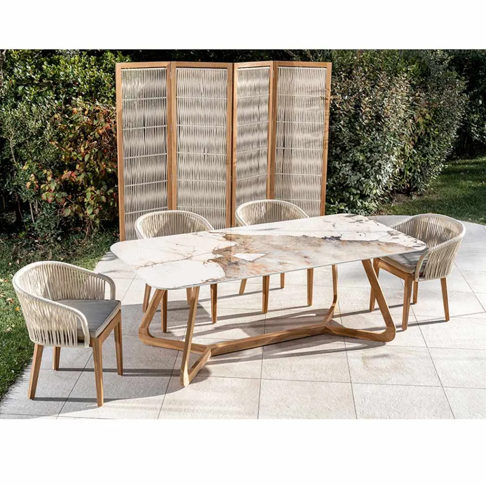 Table avec plateau en céramique et base en teck massif fabriquée en Italie - Blouse Viadurini