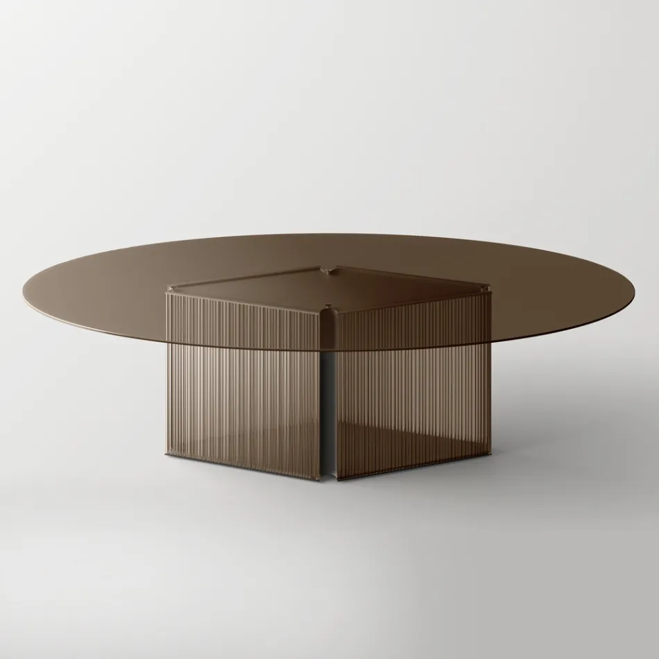 Table avec plateau en verre ovale et base en verre fondu et métal - Foglietto Viadurini