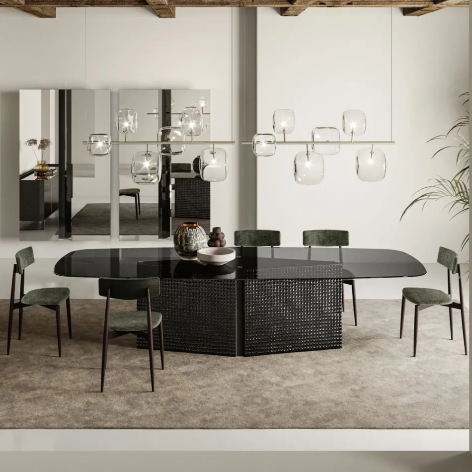 Table avec plateau en verre façonné et base en verre fusionné et métal - Foglietto Viadurini