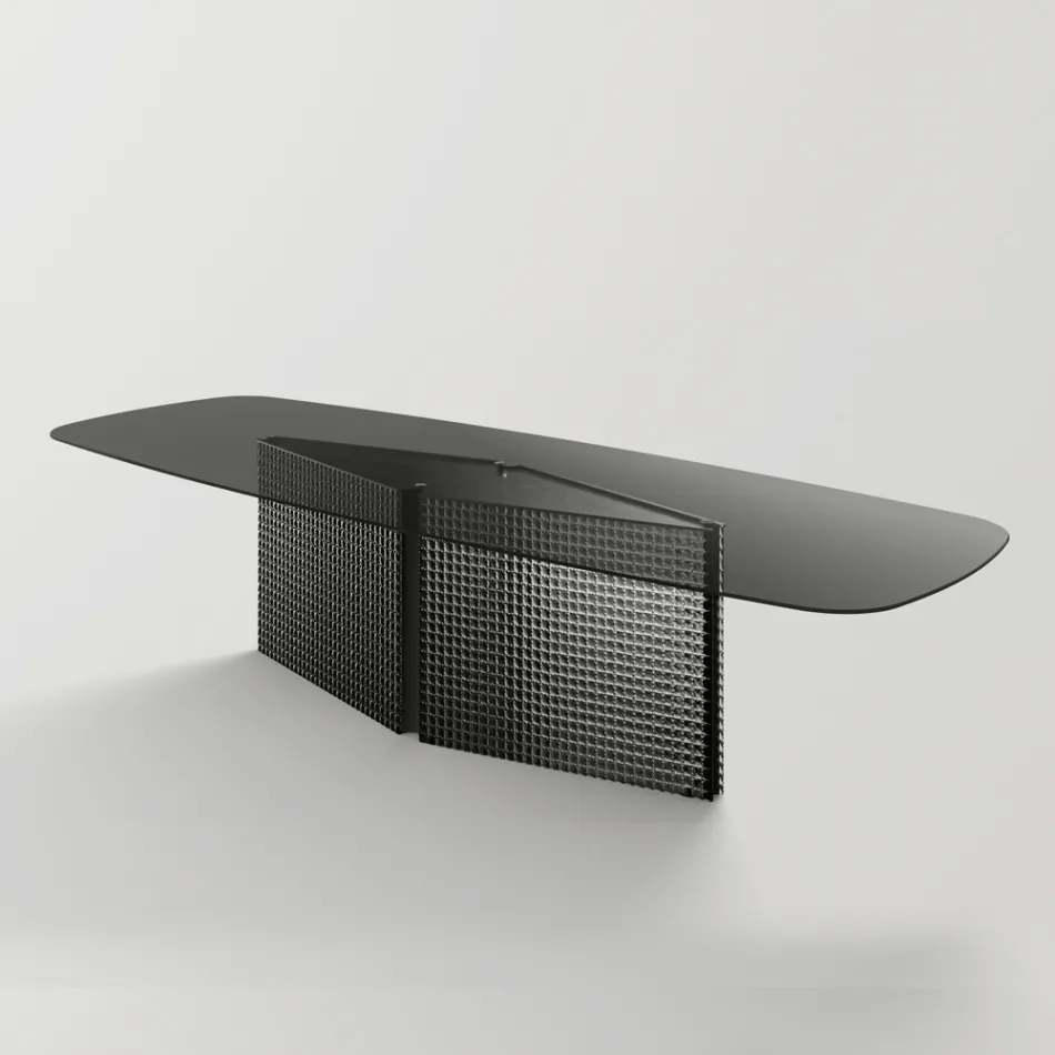 Table avec plateau en verre façonné et base en verre fusionné et métal - Foglietto Viadurini