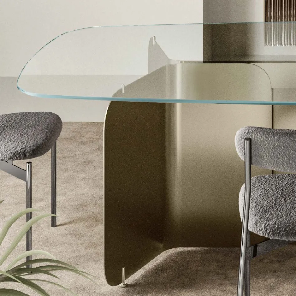 Table avec plateau en verre façonné et base en métal courbé - Piacere Viadurini