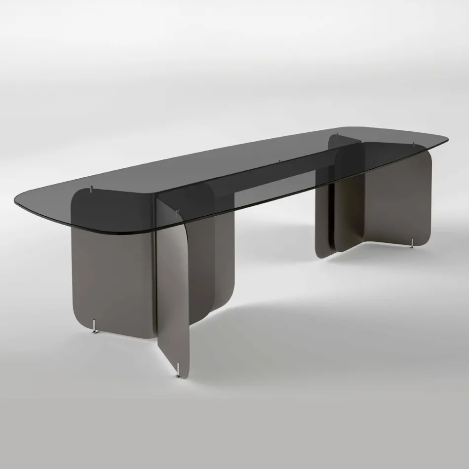 Table avec plateau en verre façonné et base en métal courbé - Piacere Viadurini