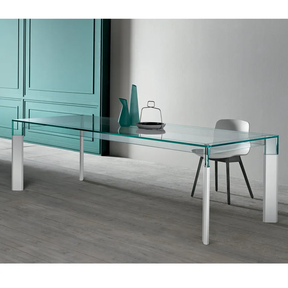 Table de cuisine en verre extra-clair avec pieds en bois Made in Italy - Super Viadurini