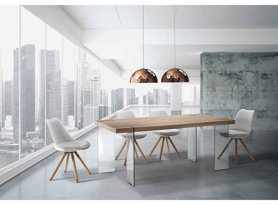 Table de cuisine moderne avec plateau en MDF et base en verre, Joey Viadurini