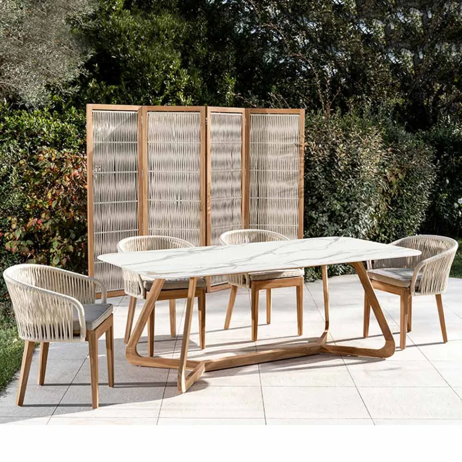 Table d'extérieur avec base en bois et plateau en céramique Calacatta Oro - Infinity Viadurini
