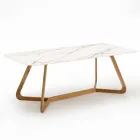 Table d'extérieur avec base en bois et plateau en céramique Calacatta Oro - Infinity Viadurini