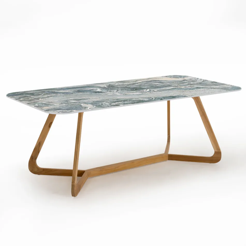 Table d'extérieur avec base en bois et plateau en céramique emblématique Cipro - Infinity Viadurini