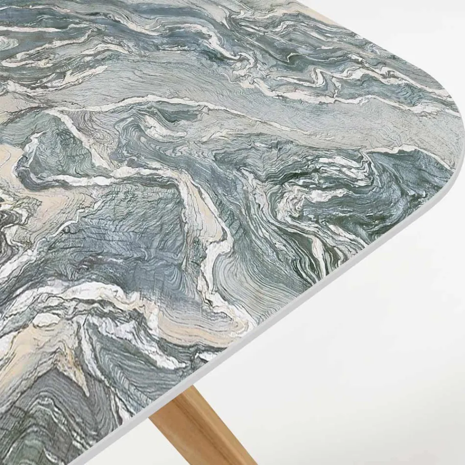 Table d'extérieur avec base en bois et plateau en céramique emblématique Cipro - Infinity Viadurini