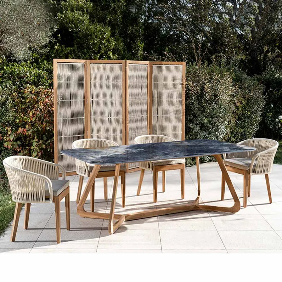 Table d'extérieur avec base en bois et plateau en céramique bleu océan - Infinity Viadurini