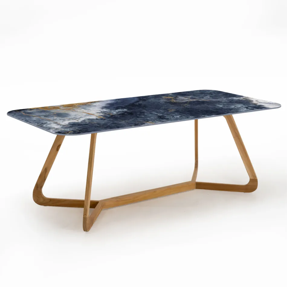 Table d'extérieur avec base en bois et plateau en céramique bleu océan - Infinity Viadurini