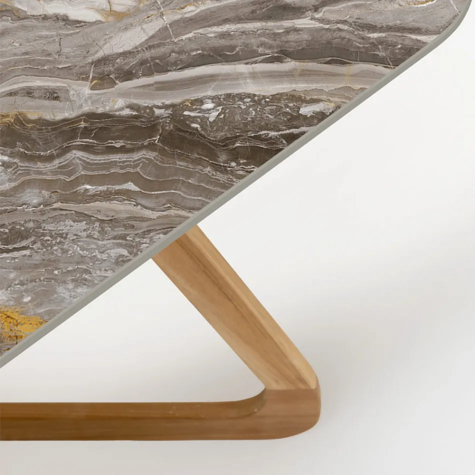 Table d'extérieur avec base en bois et plateau en céramique Orobico Luxe - Infinity Viadurini