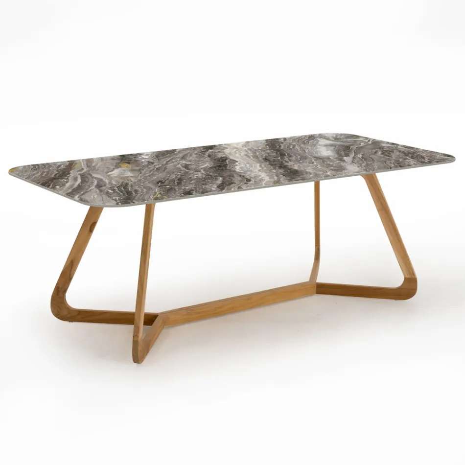 Table d'extérieur avec base en bois et plateau en céramique Orobico Luxe - Infinity Viadurini