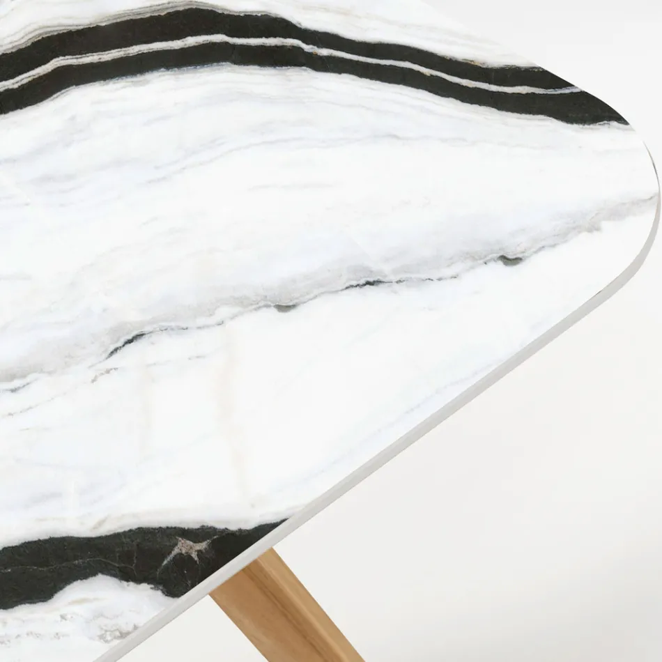 Table d'extérieur avec base en bois et plateau en céramique Panda Blanc - Infinity Viadurini