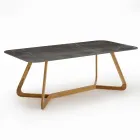 Table d'extérieur avec base en bois et plateau en céramique en pierre grise - Infinity Viadurini