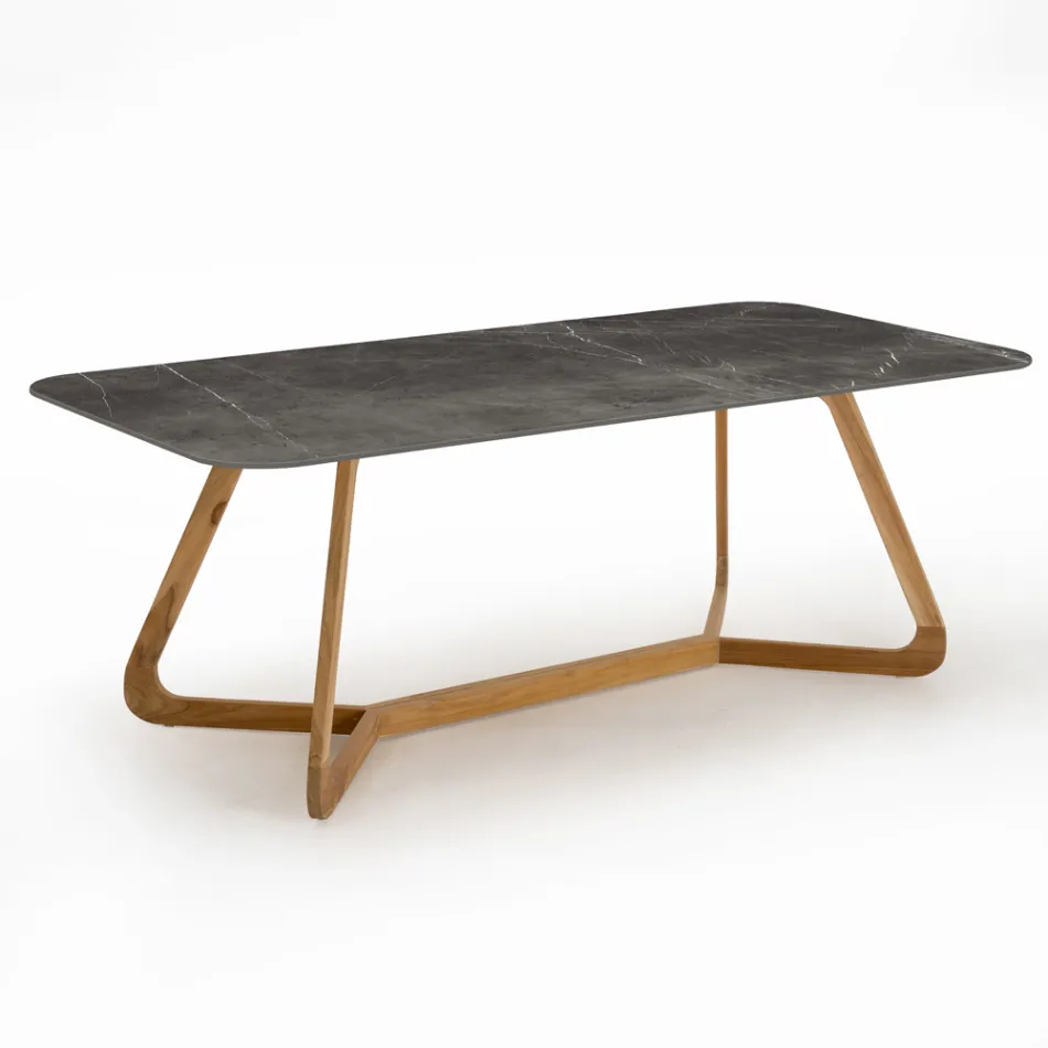 Table d'extérieur avec base en bois et plateau en céramique en pierre grise - Infinity Viadurini