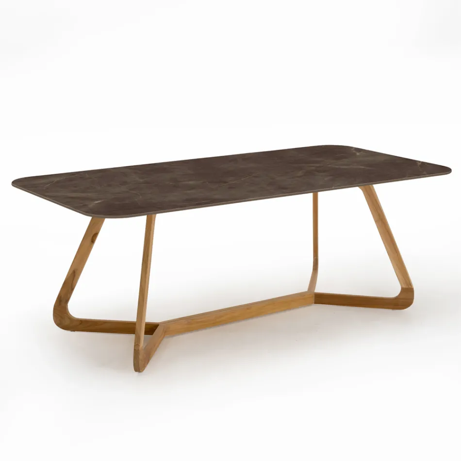 Table d'extérieur avec base en bois et plateau en céramique marron Pulpis - Infinity Viadurini