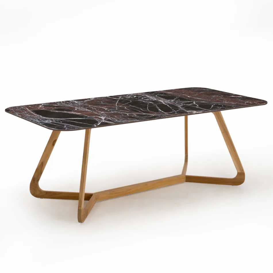 Table d'extérieur avec base en bois et plateau en céramique rouge Domus - Infinity Viadurini
