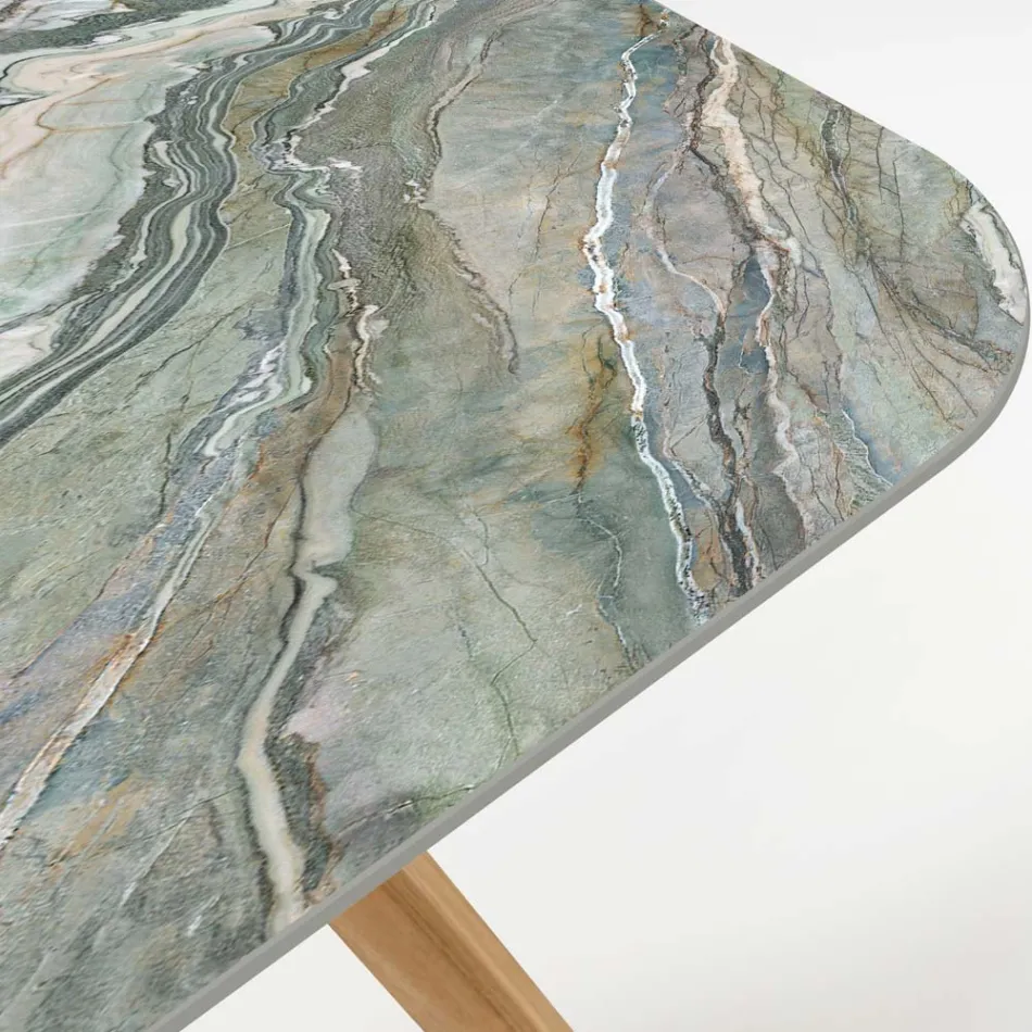 Table d'extérieur avec base en bois et plateau en céramique Royal Peacock - Infinity Viadurini