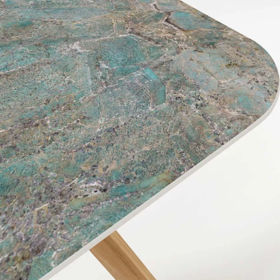 Table d'extérieur avec base en bois et plateau en céramique Santos - Infinity Viadurini