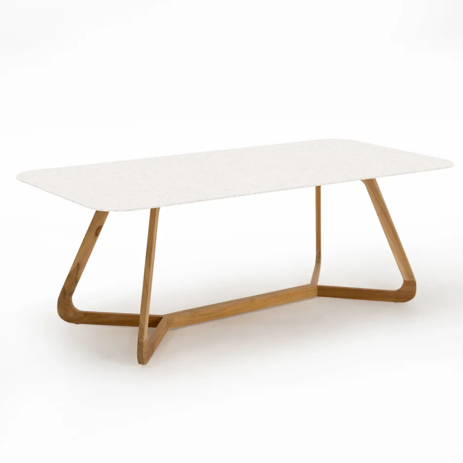 Table d'extérieur avec base en bois et plateau en céramique blanche Terrazzo - Infinity Viadurini