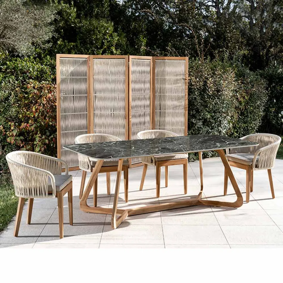 Table d'extérieur avec base en bois et plateau en céramique verte France - Infinity Viadurini