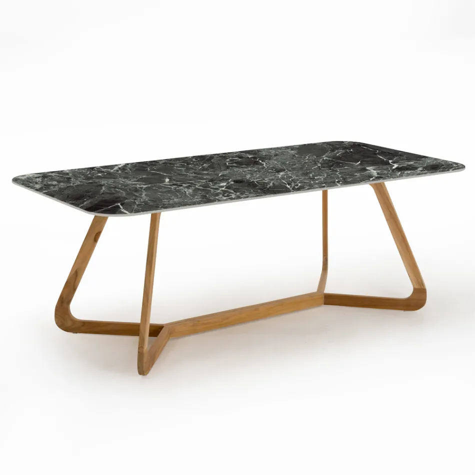 Table d'extérieur avec base en bois et plateau en céramique verte France - Infinity Viadurini
