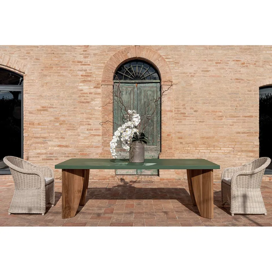 Table d'extérieur en microciment Okumè et finition teck fabriquée en Italie - Pencil Viadurini