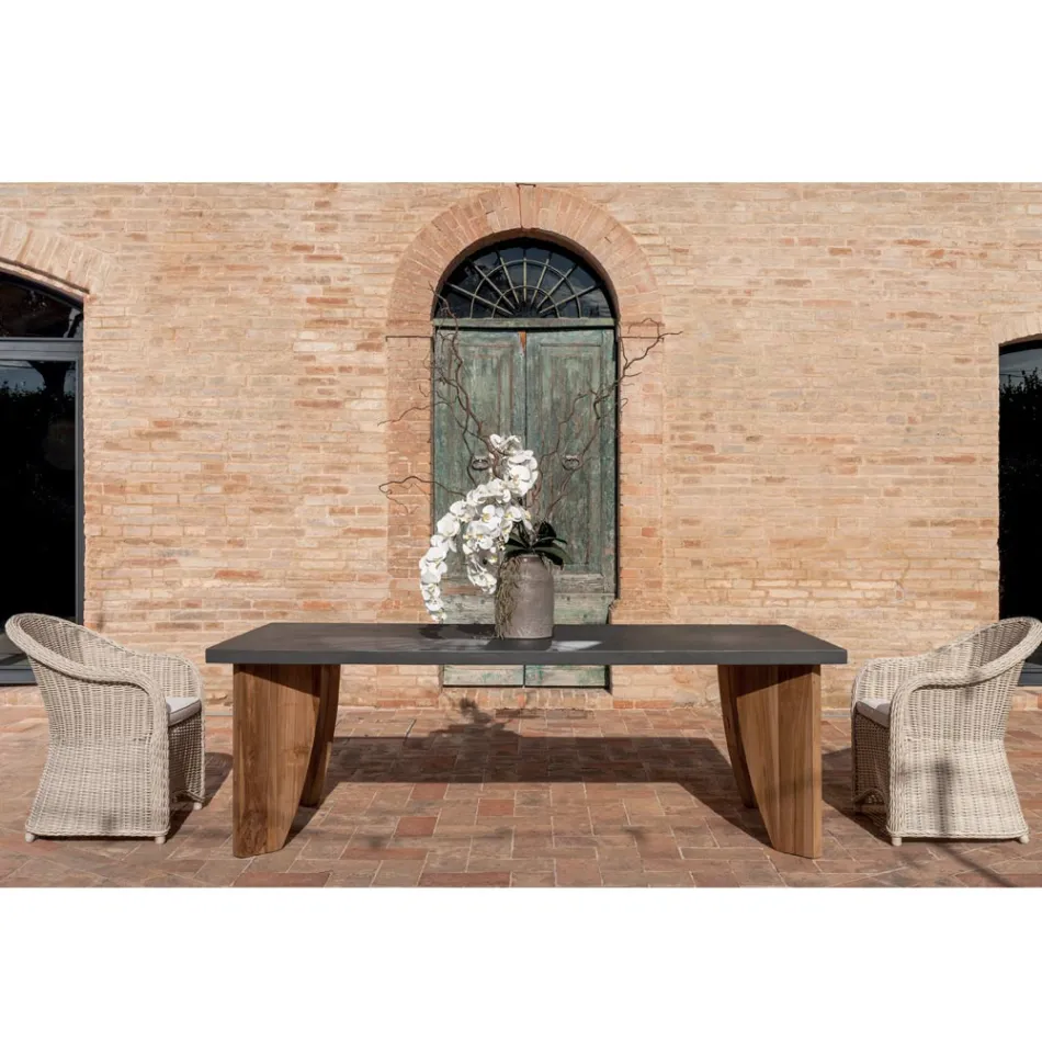 Table d'extérieur en microciment Okumè et finition teck fabriquée en Italie - Pencil Viadurini