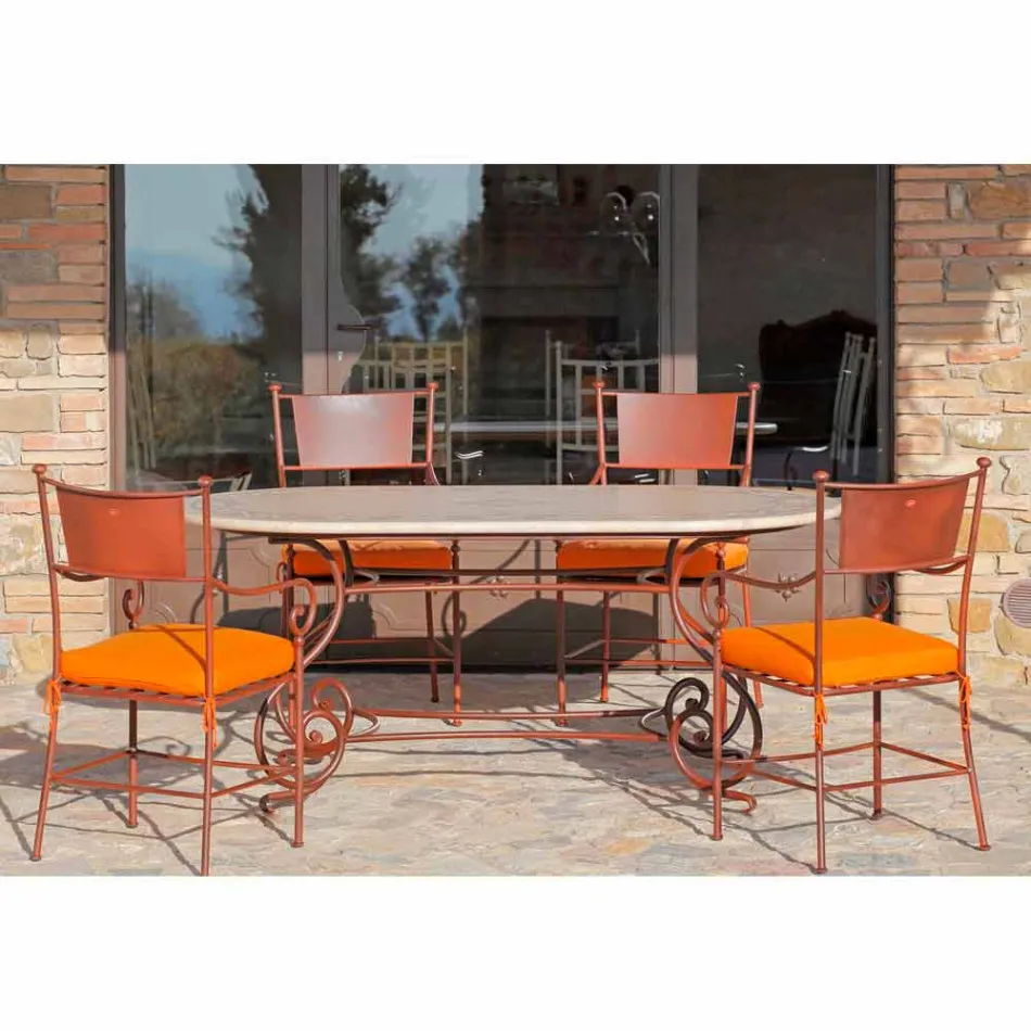 Table d'extérieur en travertin avec inserts en mosaïque Made in Italy - Elegant Viadurini